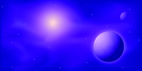 Small and large planets in space with bright stars and the Sun. Dark blue, purple background. Universe, galaxy, cosmos, nebula. Vector illustration