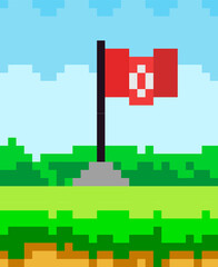 Fototapeta premium Pixel art flat style flag icon. 8-bit sprite. Game assets pixelated fabric material on wooden pole