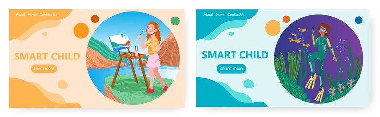 Obraz na płótnie Canvas Smart child landing page design, website banner vector template set.