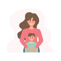 Mother and son. Mom hugs her son. Cute characters for blogs, tutorials, brochures, school stands, psychological tests, etc. Vector illustration in a flat style.