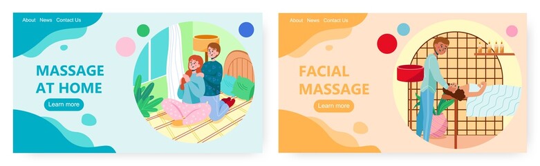 Massage therapy landing page design, website banner vector template set.