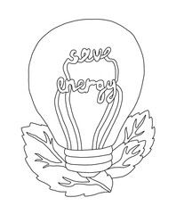 The outline of an electric light bulb with leaves. Energy saving concept.