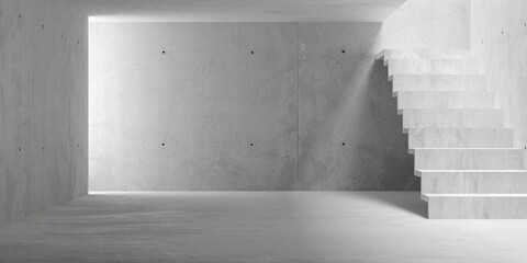 Abstract empty, modern concrete room with staircase and indirect lighting from top - industrial interior background template