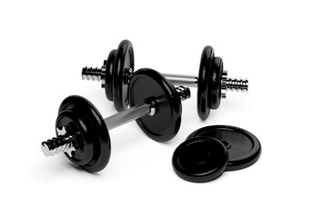 Two fitness gym dumbbells with chrome handle and black plates in front over white background, muscle exercise, bodybuilding or fitness concept