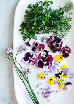 Edible flowers and herbs on white dish