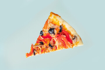 pizza slice vegetables pepper, olives, tomato, tomato sauce, tomato, mushrooms healthy meal copy space for text food background rustic vegan or vegetarian food
