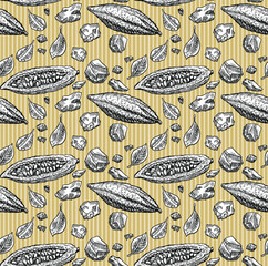 Hand drawn graphic vector drawings of ingredients for chocolate. Cocoa beans, butter, grains, leaves. Seamless pattern for cafe menu design or sweets packaging