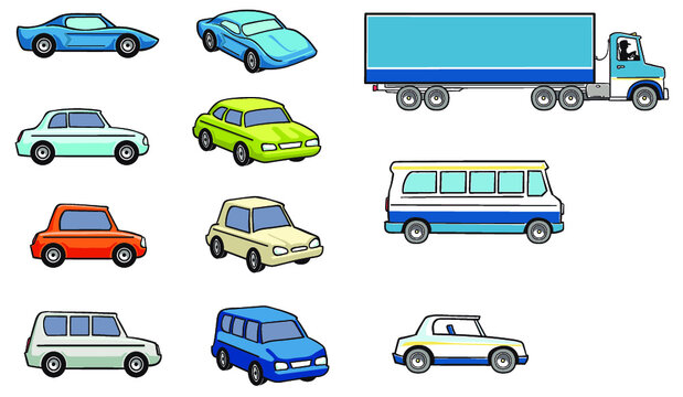 Small cars, truck and bus