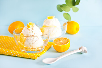 Homemade fresh lemon ice cream with lemon slices. Summer dessert.