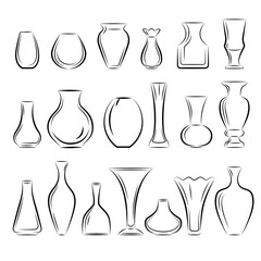 Vases set.18 предметов of different shapes, a collection in the style of a sketch. Vector, isolat on a white background.