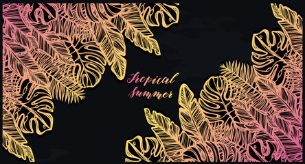 Vector illustration, Tropical summer. tropical leaves,chalkboard   background, Handmade, print on t-shirt