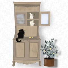 Illustration of vintage buffet with cat and plant. Vintage background and old style furniture.