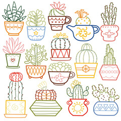 Cute Cactus color line doodles in different color pots on white background
