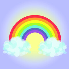 Colored rainbow with clouds on blue and yellow Gradient Mesh sky background. Vector illustration in flat design.