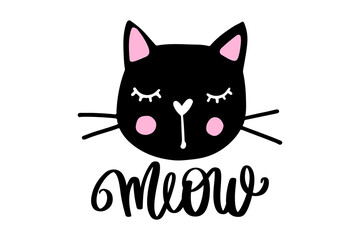 Black cat, meow lettering. Vector card with cute baby kitten. Doodle Kitty. Kids animals print.