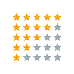 5 star review. Five gold stars icon - service rate or quality feedback sign. Flat style vector illustration.