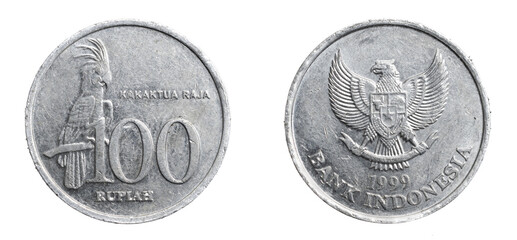 Indonesia one hundred rupees coin on a white isolated background