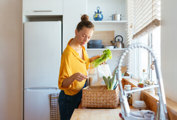 Calm housewife reading recipe while preparing vegetables for cooking