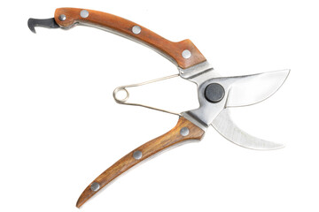secateurs with brown handle on a white isolated background