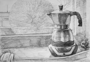 Pencil sketch of a geyser coffee maker on the background of the view from the window