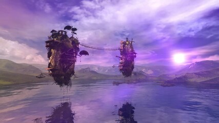 Computer generated fantastic landscape of a lake and flying islands.