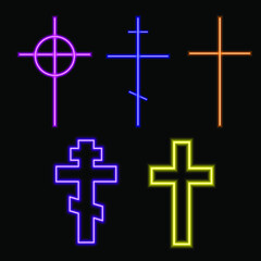 Obraz premium Neon lighting Christian Crosses in different colores on black background.