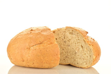 Two halves of delicious white bread, close-up, isolated on white.