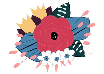 Multicolored creative bunch of flower icons and leaves, hand drawn, cartoon style, isolated