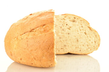 Two halves of delicious white bread, close-up, isolated on white.