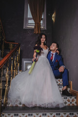 Wedding. Emotions groom at the first meeting with beautiful bride. Wedding concept