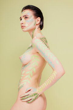 Side View Naked Woman With Floral Body Art