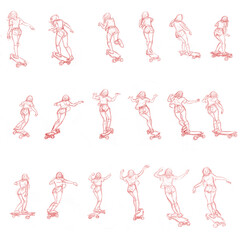 hand drawing of a skater girl. pattern composition. different poses on the longboard. vintage lifestyle. white background. 