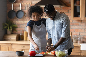 Hobby time. Focused young afro caribbean husband hipster learn to cook salad listen to loving black wife advices grateful for help. Smiling african lady hug shoulder of spouse teach to prepare food