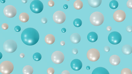 pearl-like blue beach tone pastel balls floating in the air, colorful bubbles on purple background, festive concept, 3d illustration