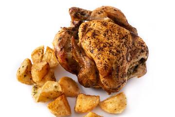 Homemade roasted chicken with potatoes isolated on white background