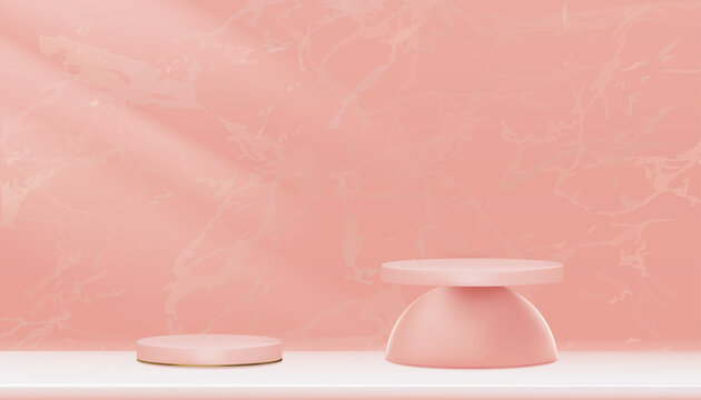 Minumal Podium display with Pink and Yellow gold Cylinder Stand on Rose gold foil marble,Vector Realistic 3D for Stage pedestal platform,Product presentation, Cosmetic product display or Spa Showcase
