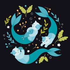 Mermaid cats - turquoise and green 