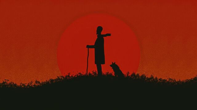 Herdsman and his Dog at Sunset