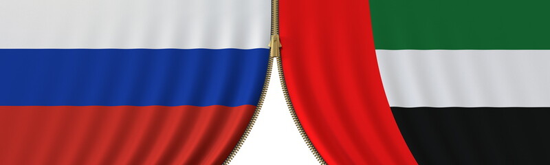 Flags of Russia and the UAE and closing or opening zipper between them. Political negotiations or interaction conceptual 3D rendering