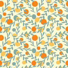 Leaves and spots seamless pattern on yellow background. Warm colors botanical print for textile, fabric, wrapping, paper, wallpaper and decoration.