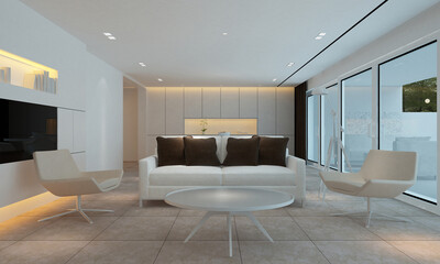 The lounge and living room interior design and kitchen wall texture background, New 3D rendering interior design scene