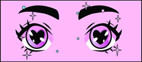 Face with big cartoon anime eyes. Vaporwave style print for poster, cover of t-shirt.