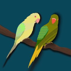 Parrots  illustration. Colourful cartoon tropical birds, isolate dark  background.Amazon wildlife.Good for cards, printing, textiles, books illustration. 