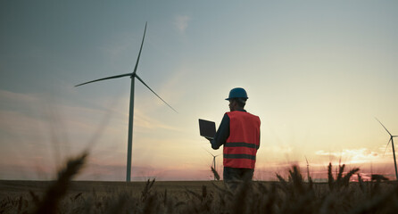 Engineer checking windmill farm system