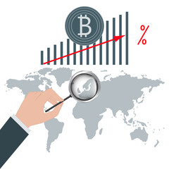 Bitcoin symbol, graph, hand holds a magnifying glass - isolated - vector. Currency growth trend control.