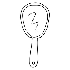 Cartoon doodle linear hand mirror isolated on white background. Care accessory icon.