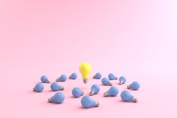 3D rendering of The yellow energy-saving lamp is floating on a blue light bulb placed on a pastel pink floor. and the pink background. concept for new ideas and Outstanding idea, illustration.