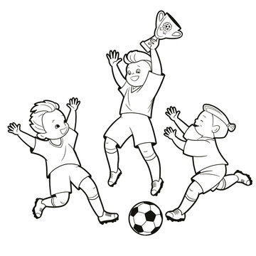 Coloring book football-sport, teenage boys rejoice at victory holding championship cup.Vector illustration in cartoon style, black and white line art