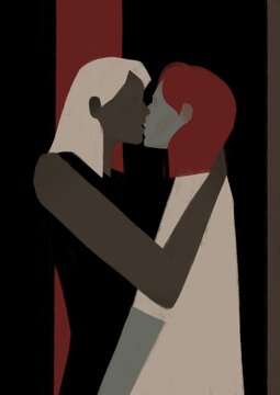 Two girls kiss and hug each other. Portrait of a lesbian couple in love. LGBTQ Concept