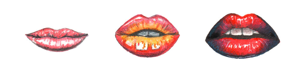 Hand drawn watercolor artwork. Painted aquarelle picture. Artist painting. Beautiful sexy women's lips with makeup. Red and pink lipstick. Glamorous look. Human body parts. Kiss and inhale with mouth.